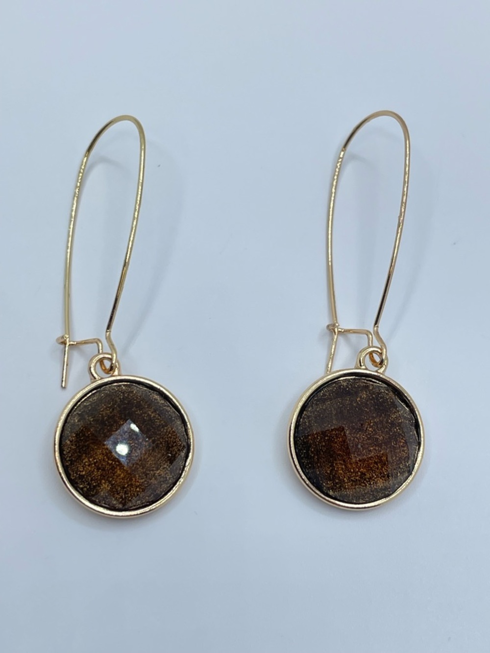 Gold Tone Brown Acrylic Faceted Drop Earrings Minimal Dangle